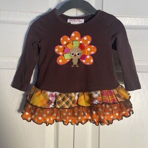 Jessica Ann Thanksgiving Dress Girls 6-9 Mos Brown Orange Turkey Ruffles Holiday